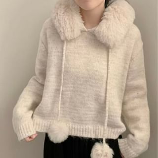 Faux Fur Pom Pom Knit Hoodie