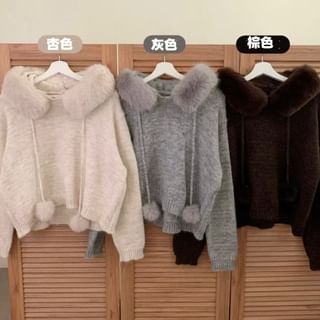 Faux Fur Pom Pom Knit Hoodie