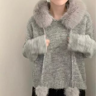 Faux Fur Pom Pom Knit Hoodie