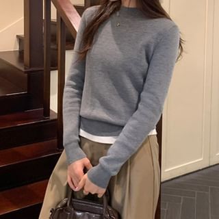 Long-Sleeve Short Faux-Fur Lined Mock Neck Plain Slim Fit Knit Top