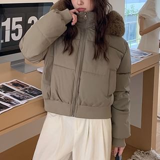 Furry Trim Hooded Zip-Up Puffer Jacket