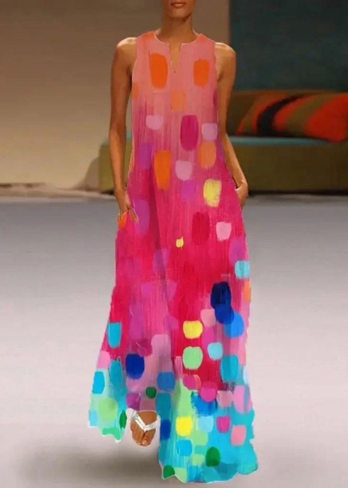 Red Ladies' Maxi Sleeveless Dress V-Neck Printed