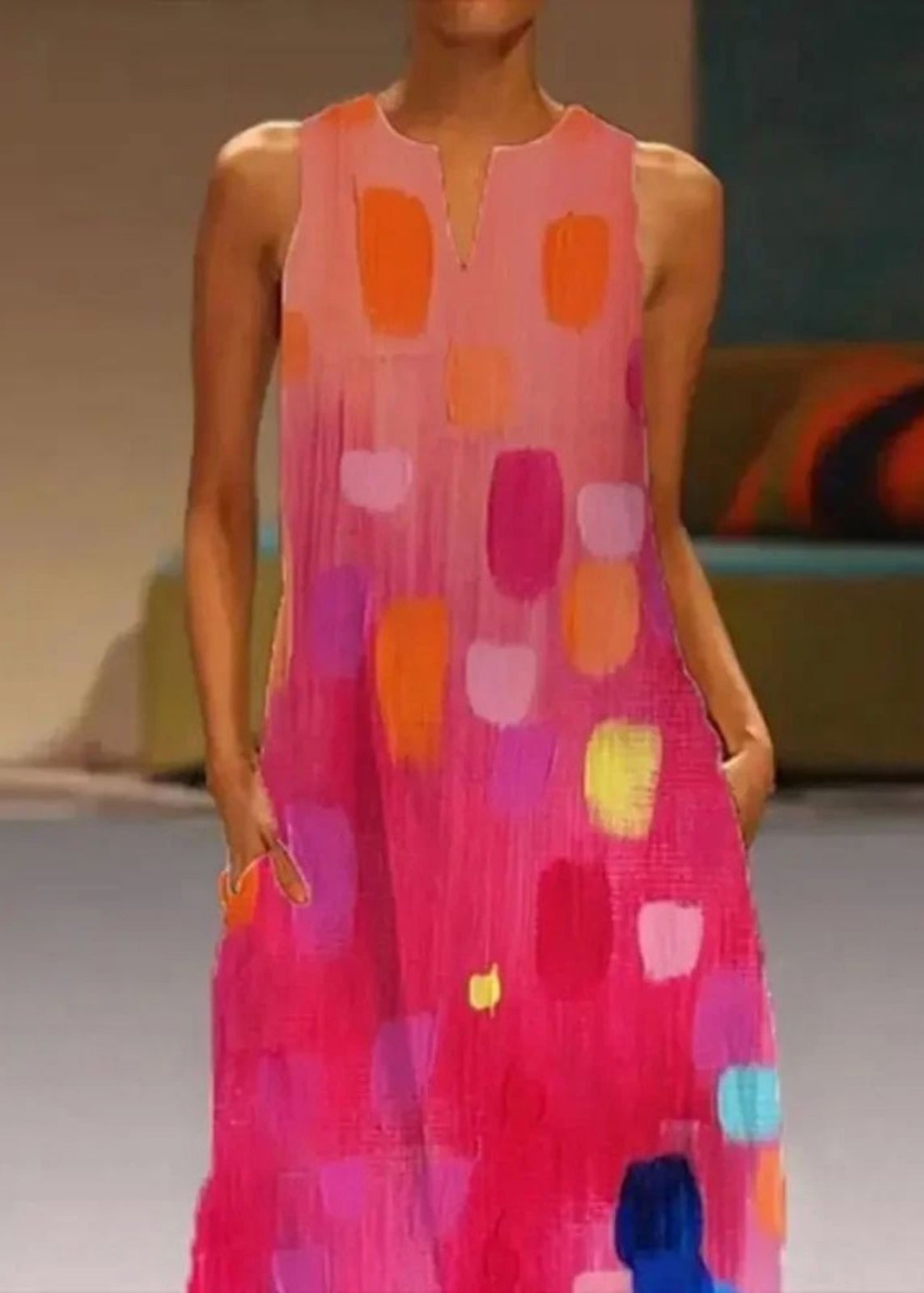 Red Ladies' Maxi Sleeveless Dress V-Neck Printed