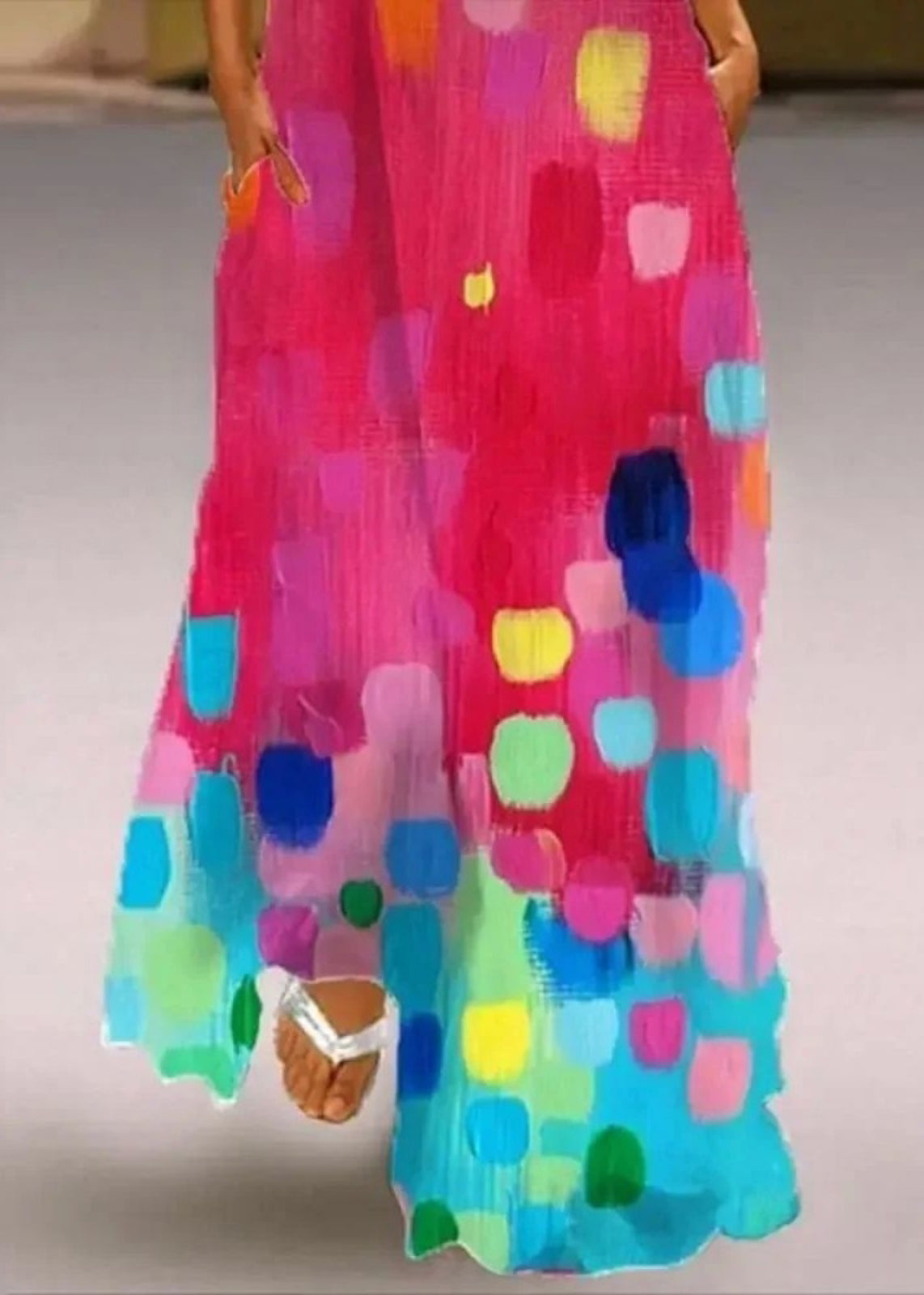 Ladies' Red Printed Sleeveless V-Neck Dress Maxi