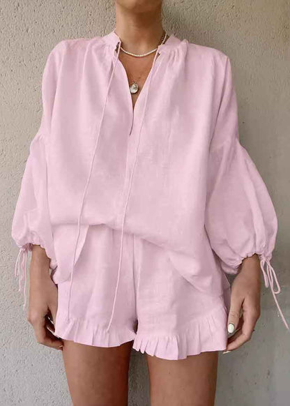 Cotton Suit Shirts Blue And Summer Up Shorts Lace Light Piece Two