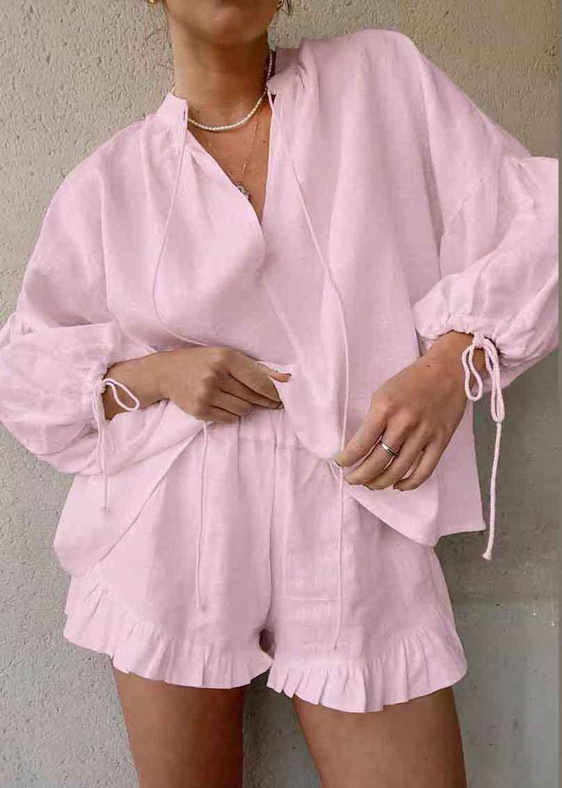 Cotton Suit Shirts Blue And Summer Up Shorts Lace Light Piece Two