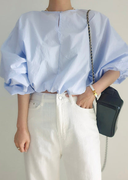 Blue Loose Out O-Neck Puff Light Hollow Shirts Sleeve