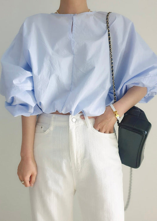 Blue Loose Out O-Neck Puff Light Hollow Shirts Sleeve