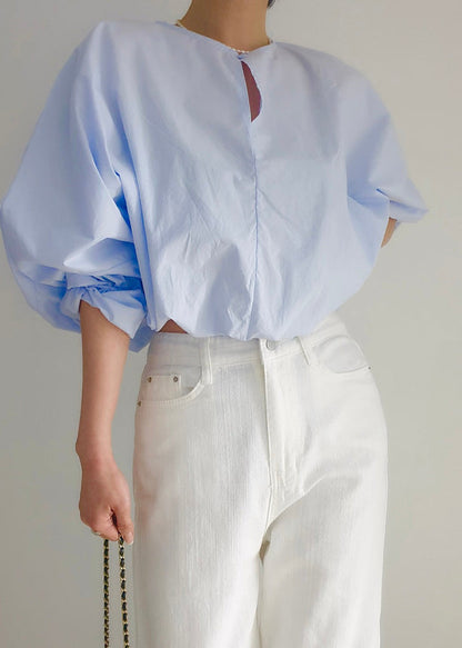 Blue Loose Out O-Neck Puff Light Hollow Shirts Sleeve