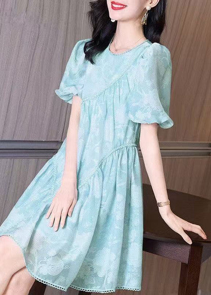 Mid Wrinkled Puff O-Neck Light Sleeve Dress Blue