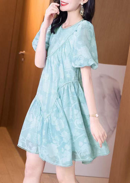 Mid Wrinkled Puff O-Neck Light Sleeve Dress Blue