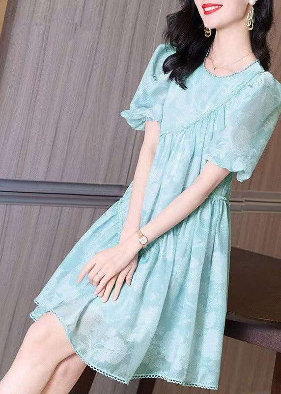 Mid Wrinkled Puff O-Neck Light Sleeve Dress Blue