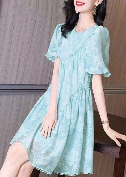 Mid Wrinkled Puff O-Neck Light Sleeve Dress Blue