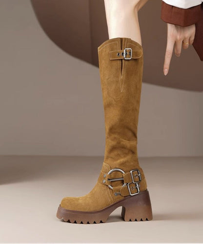 Splicing Camel Suede Chunky Light Boots Heel Buckle