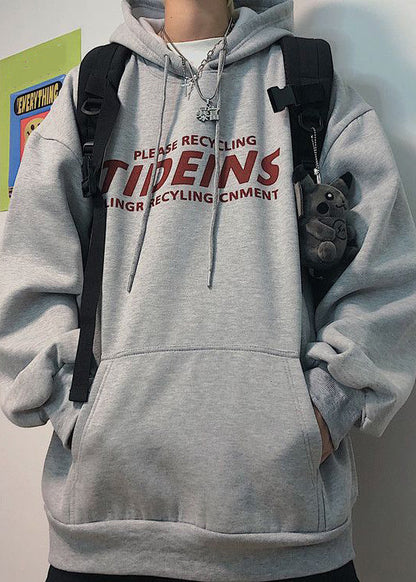 Light Grey Print Pockets Cotton Sweatshirt Men Hooded Spring YQ035