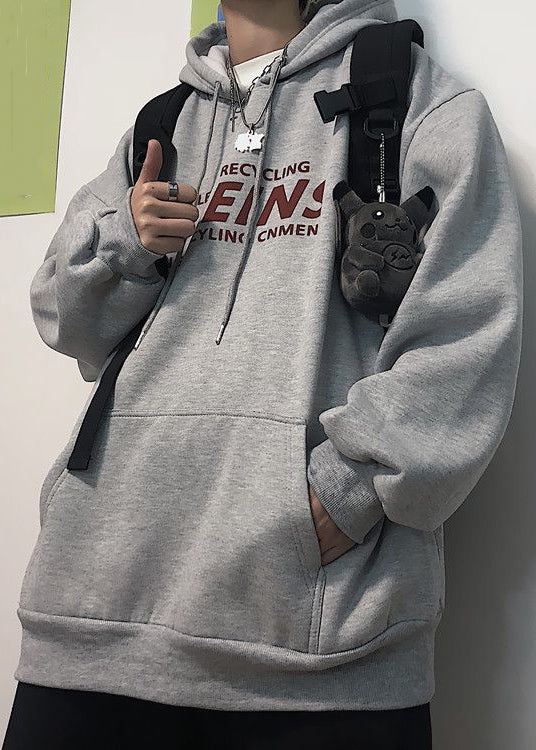Light Grey Print Pockets Cotton Sweatshirt Men Hooded Spring YQ035