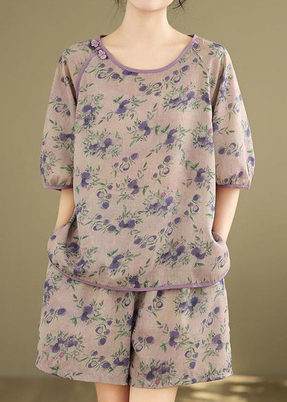 Shorts Set Light Print Purple Shirt Summer Pieces And Two