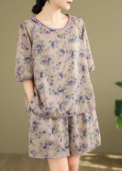 Shorts Set Light Print Purple Shirt Summer Pieces And Two