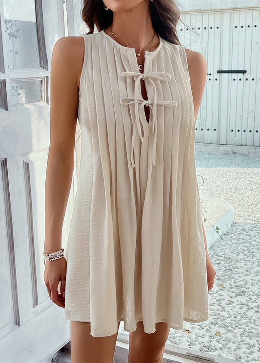 Loose Mid Dress Sleeveless Apricot Cotton Wrinkled Bow