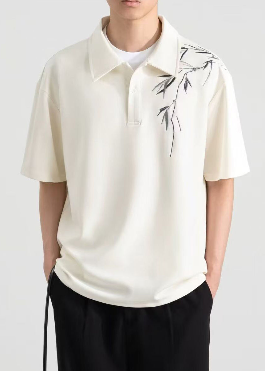 Loose Cotton Mens Apricot Shirt Polo Button Print Summer