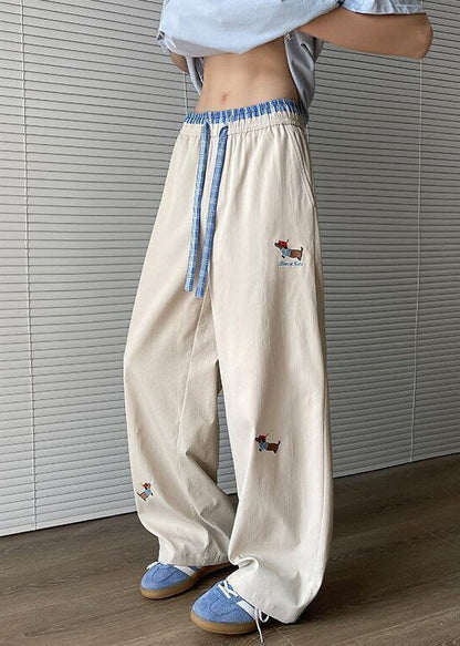 Embroideried Apricot Drawstring Mens Pockets Loose Pants Cotton