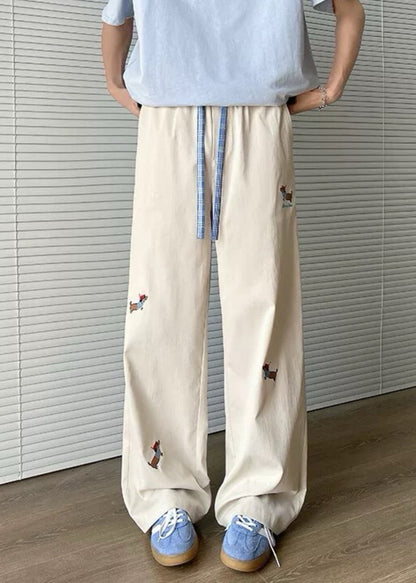 Embroideried Apricot Drawstring Mens Pockets Loose Pants Cotton