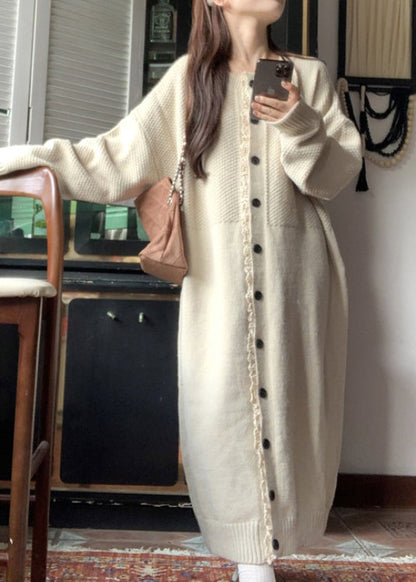 Loose Apricot O Neck Lace Button Patchwork Knit Dress Spring YY016