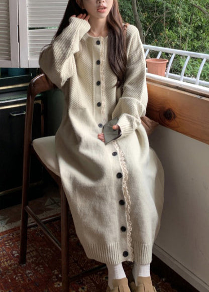 Loose Apricot O Neck Lace Button Patchwork Knit Dress Spring YY016