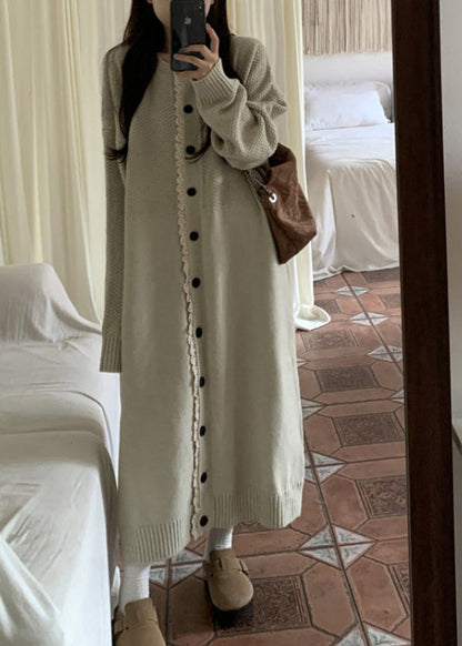 Loose Apricot O Neck Lace Button Patchwork Knit Dress Spring YY016