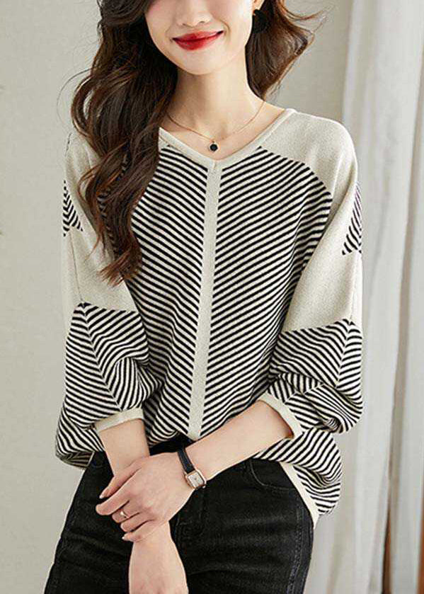 V Patchwork Apricot Loose Neck Striped Sweaters Spring Knit