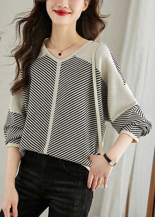 V Patchwork Apricot Loose Neck Striped Sweaters Spring Knit