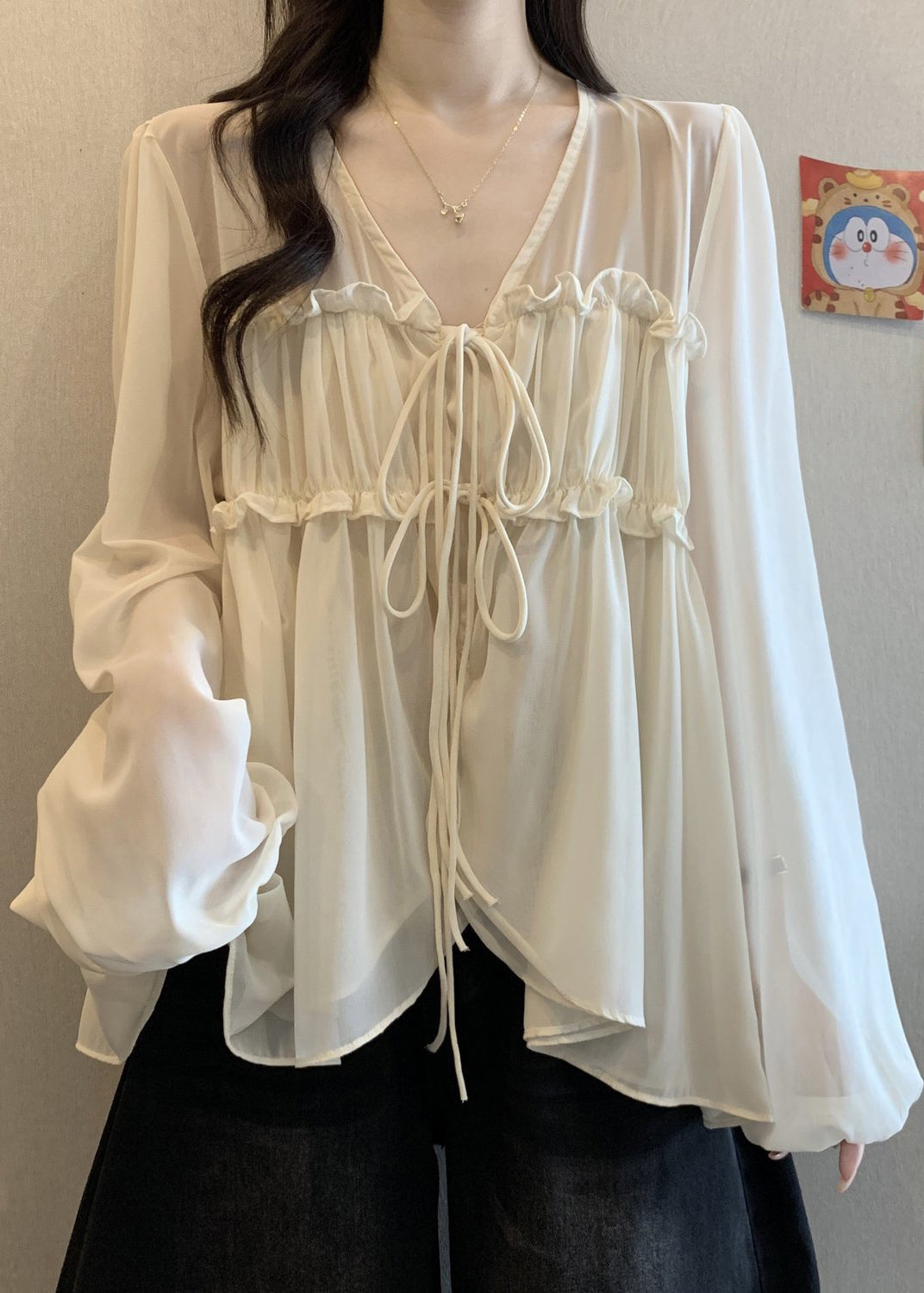 Loose Chiffon Ruffled Fall V Shirt Apricot Neck