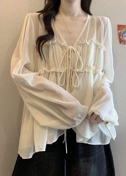Loose Chiffon Ruffled Fall V Shirt Apricot Neck