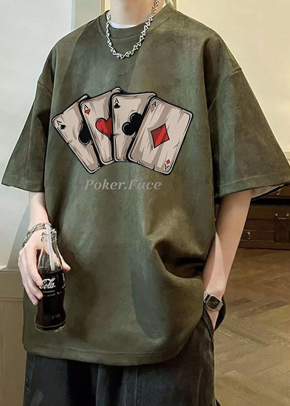 Shirts Green O T Neck Faux Loose Print Summer Army Suede Men