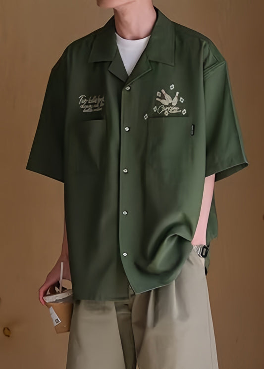 Shirts Army Half Sleeve Green Ice Men Pockets Loose Print Silk