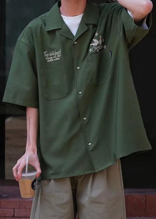 Shirts Army Half Sleeve Green Ice Men Pockets Loose Print Silk