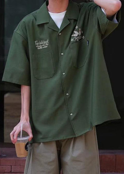 Shirts Army Half Sleeve Green Ice Men Pockets Loose Print Silk