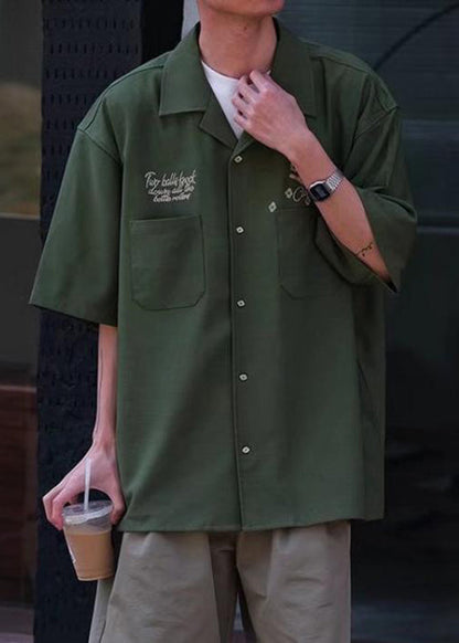 Shirts Army Half Sleeve Green Ice Men Pockets Loose Print Silk