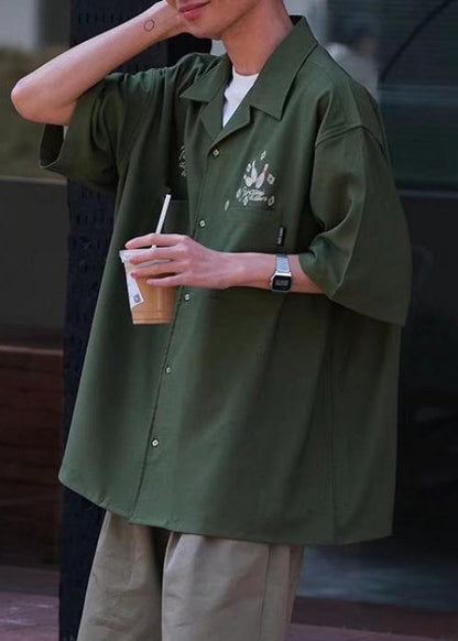 Shirts Army Half Sleeve Green Ice Men Pockets Loose Print Silk