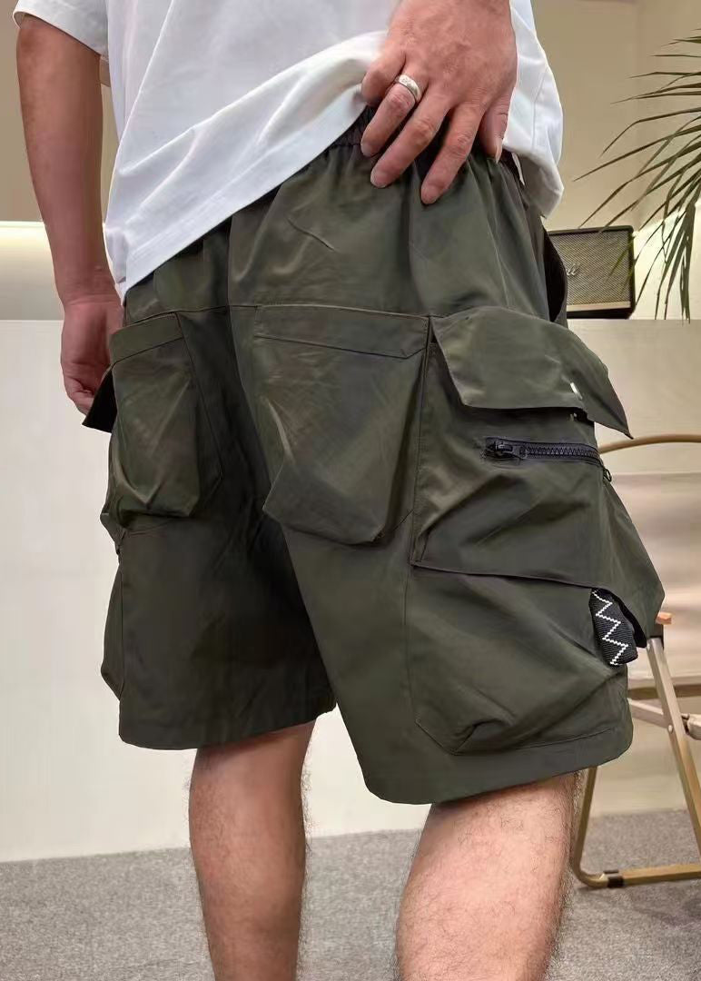 Green Zip Shorts Cotton Loose Up Mens Elastic Pockets Army Waist