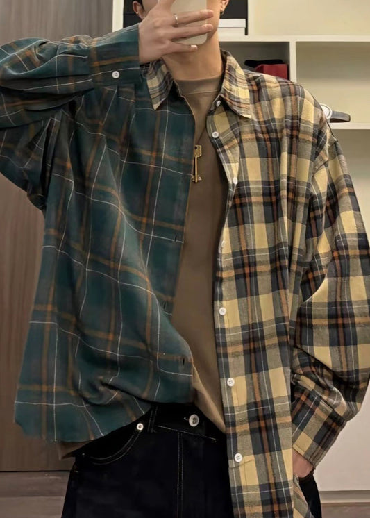 Mens Button Plaid Cotton Shirts Spring Loose Asymmetrical