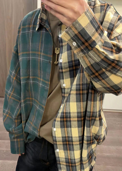 Mens Button Plaid Cotton Shirts Spring Loose Asymmetrical