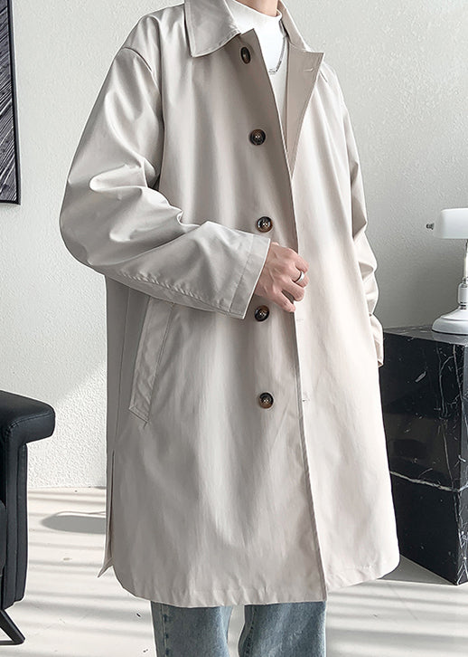 Loose Beige Button Pockets Side Open Cotton Mens Coat Spring YQ008