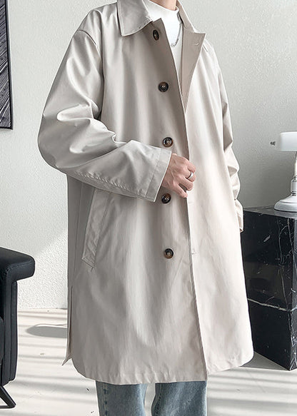 Loose Beige Button Pockets Side Open Cotton Mens Coat Spring YQ008