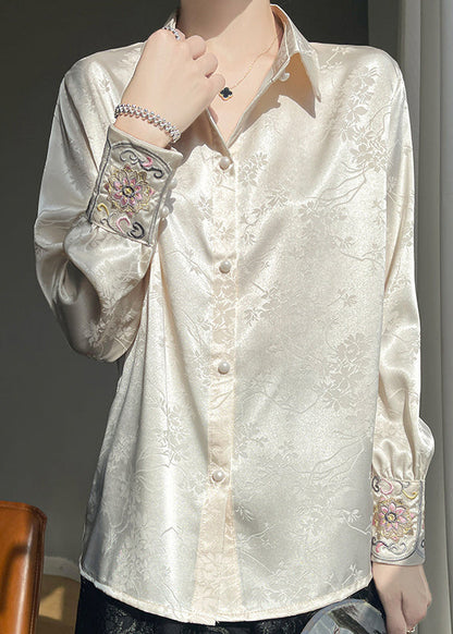 Button Embroidered Beige Fall Shirt Silk Loose