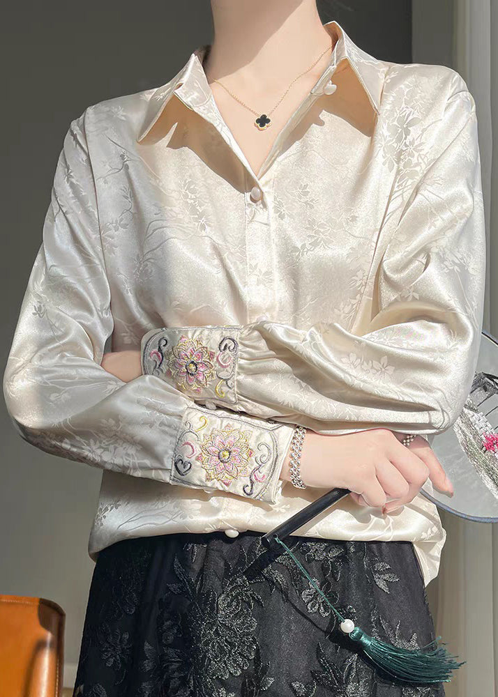 Button Embroidered Beige Fall Shirt Silk Loose