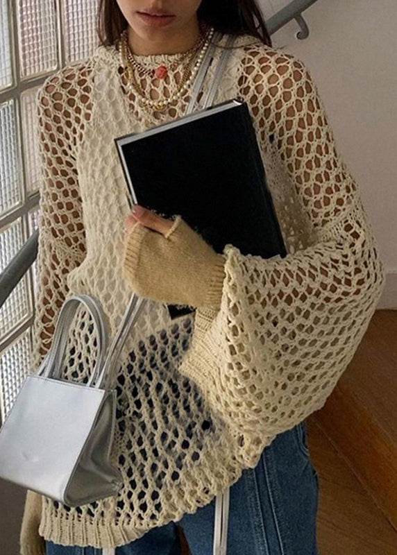 Out Knit Beige Sweater Hollow Solid Loose Summer
