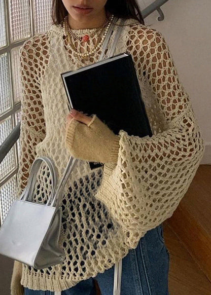 Out Knit Beige Sweater Hollow Solid Loose Summer