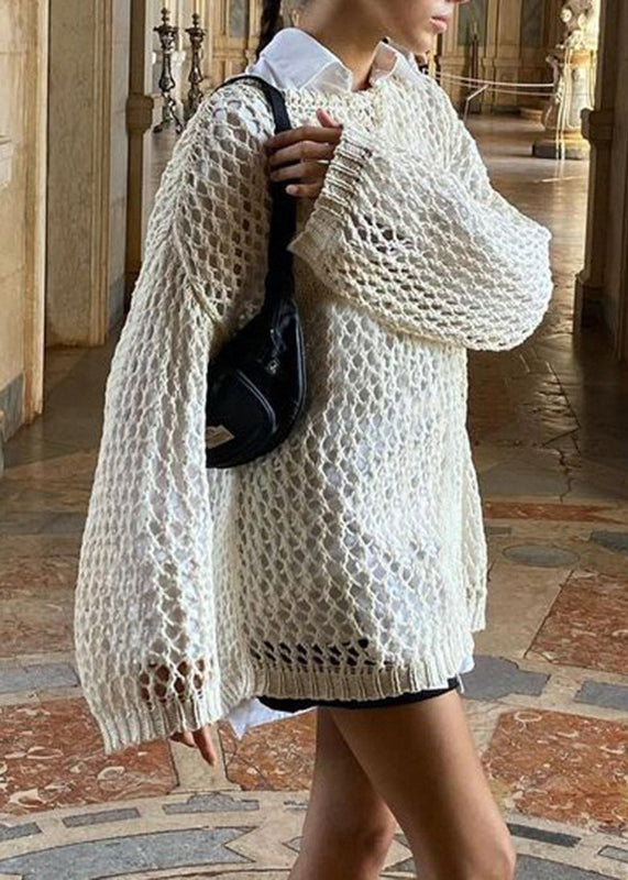 Out Knit Beige Sweater Hollow Solid Loose Summer