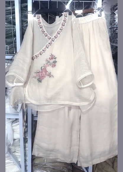 Set Two Lace Fall Loose Embroidered Pieces Neck Beige Linen O Up